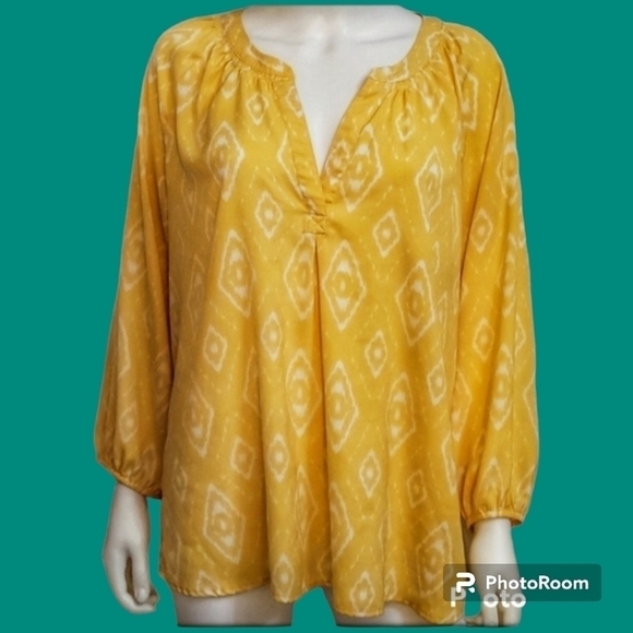 Sioni Tops - 3/$30 SIONI Yellow Geometric Ikat Split Neck Poet Blouse